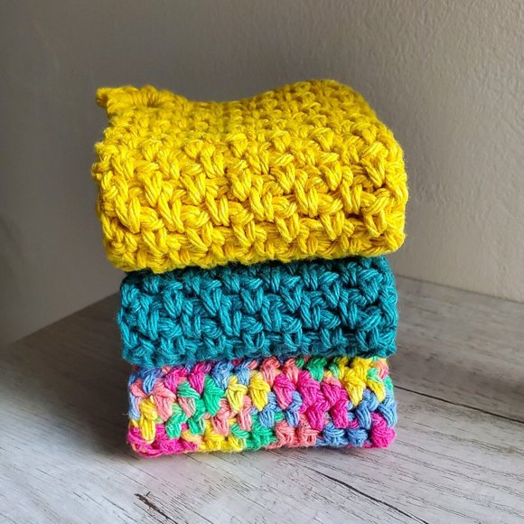 3 Crochet DISHCLOTH WASHCLOTH 100% Cotton Handmade Rainbow Teal Mustard - Picture 15 of 15